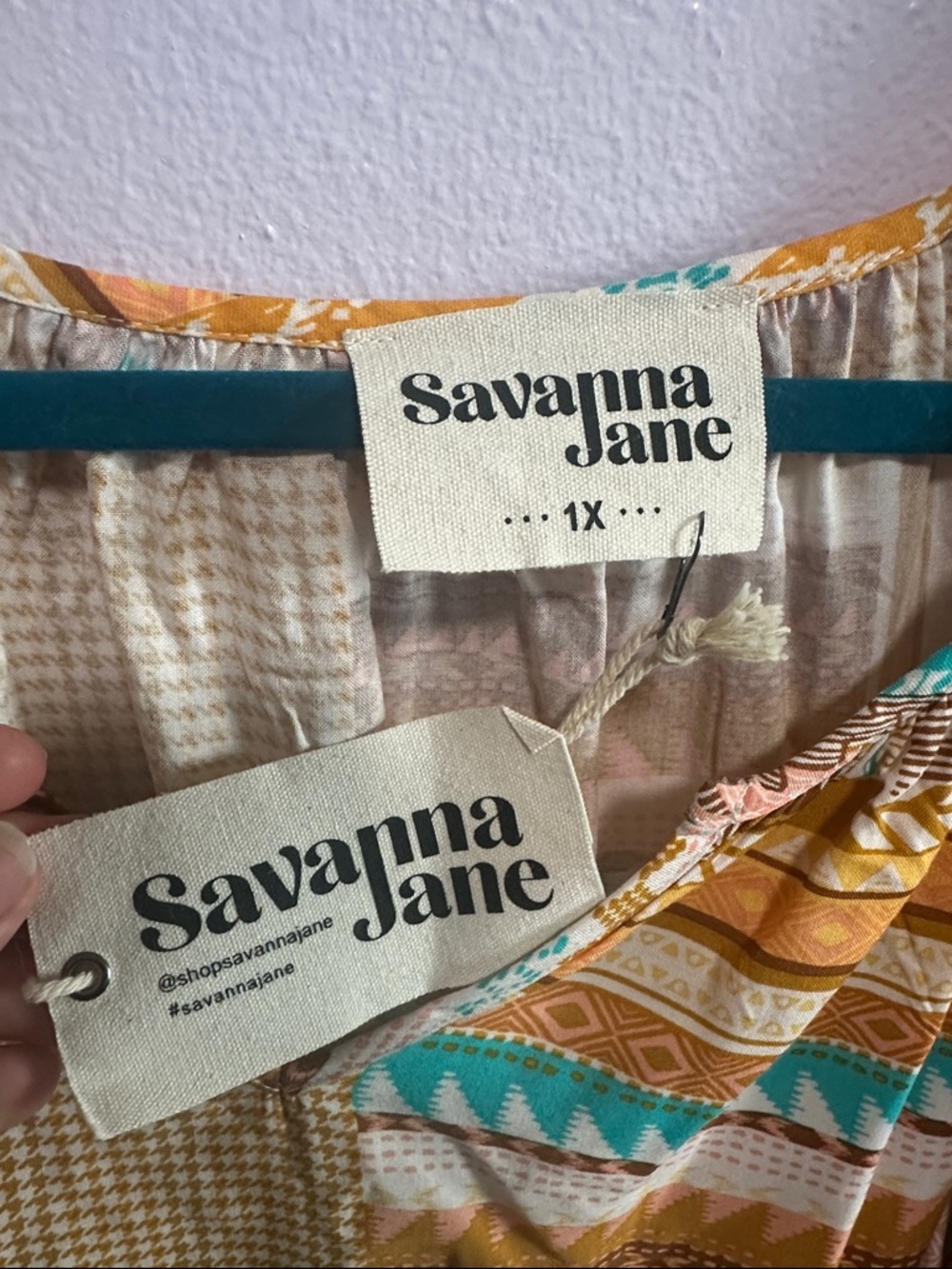 Savanna Jane Patchwork Geometric Peasant Blouse in Mustard & Teal - Picture 2 of 4